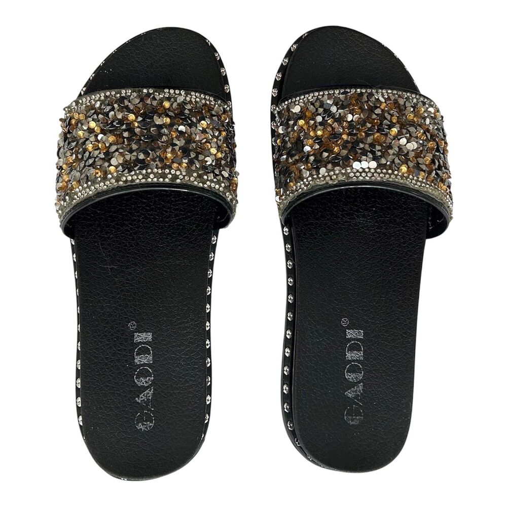 GAODI Women's Rhinestone Embellished Slide Sandals Black Gold Size US 8.5